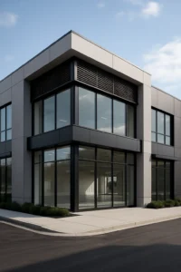 En moderne erhvervsbygning i to etager med store glasfacader, lysegrå facadeplader og sorte detaljer, placeret ved en bred fortovskant og omgivet af lav beplantning.